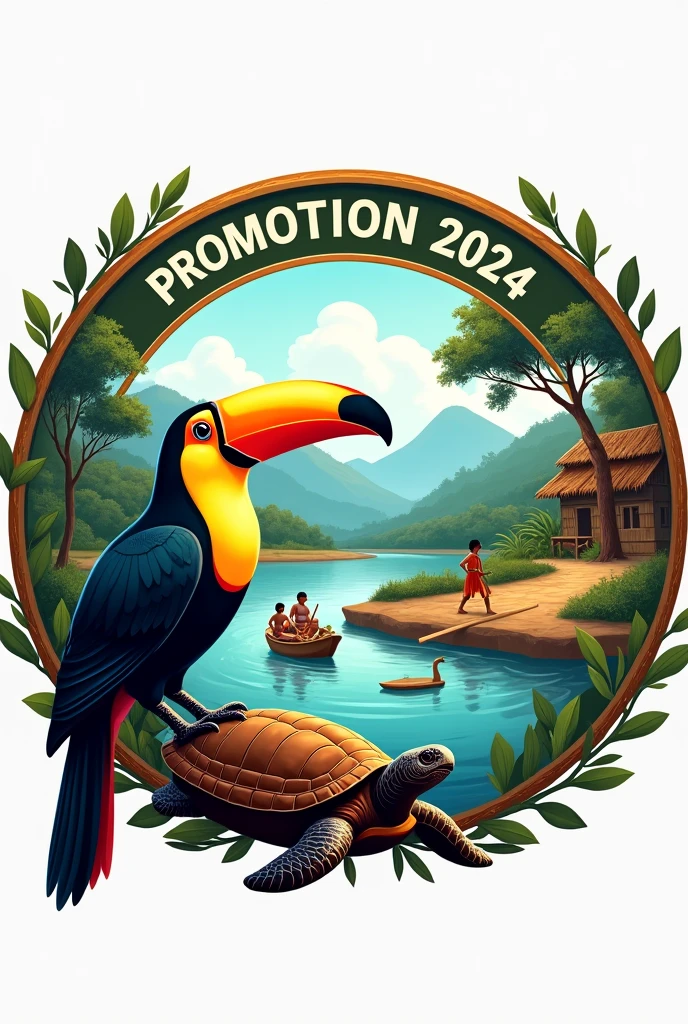 Create a graduation logo in a circle with branches, at the top it says 'Promotion' and at the bottom it says '2024'. In the background, there are small mountains, a river with currents, and some trees on one side of the river. On the other side of the river there is a dirt road with some wooden houses. There is a large toucan and in the river there are indigenous children wearing white school shirts passing by in a small wooden boat for school. At the bottom of the logo there are two turtles.
