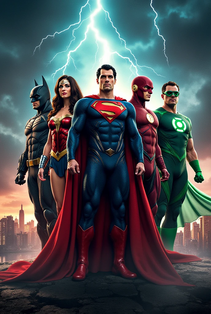 An epic, colorful poster illustration of the Justice League superheroes assembled together in a dynamic group. From left to right, there's Batman, Superman, Wonder Woman, Aquaman, The Flash, and Green Lantern. Each hero is showcasing their unique powers, with a sense of unity and determination in their faces. The background features a dark, stormy sky with lightning bolts and a cityscape, symbolizing the battles they face to protect the world. The overall atmosphere is powerful and action-packed, with a strong sense of heroism., poster, illustration