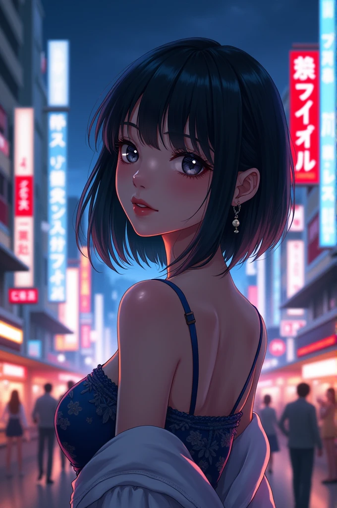 The image should be in anime style, featuring a relatively sexy woman looking to the side. She is Japanese and located in Tokyo at night, with relatively bright buildings in the background. 