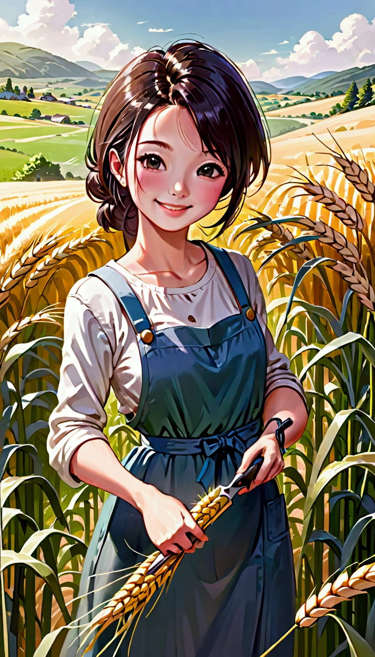 korean woman, (work of art, Pretty person, polluted smile), youtube virtual, doing agricultural work in the country, (be (cutting wheat: 1.4)), fertilizing, weeding, simple face, no-makeup, country girl, hypdertailed, Detailed texture skin, detailed cloth texture, THIN AND DETAILED FACE. work of art, Waist slender, Fine body.