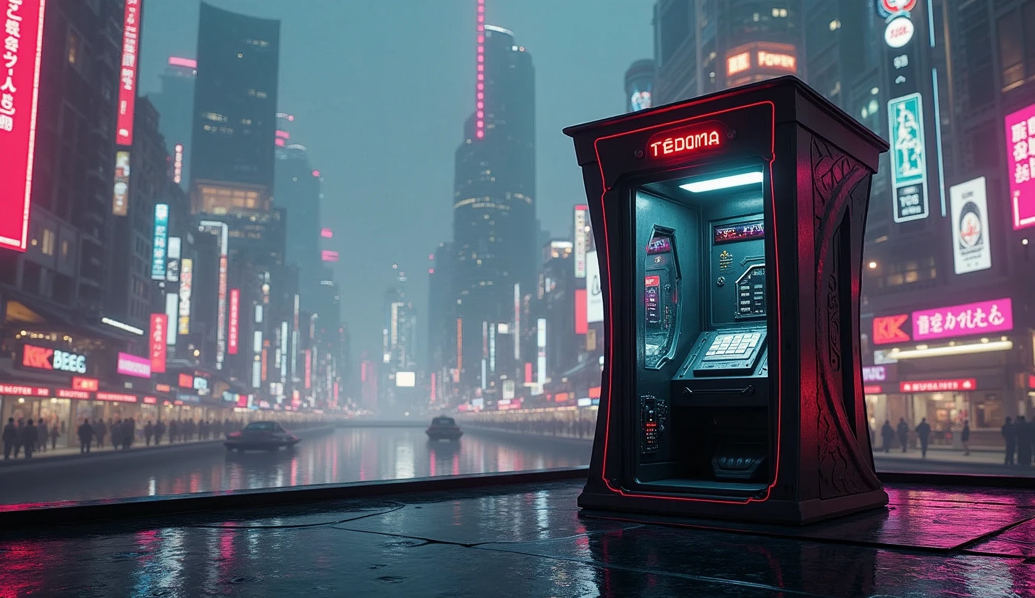 image generated of a phone booth with a futuristic city in the background, Promotional Art BBC, by Wayne England, futuristic telephone booth, positioned on the right side, Written on top of the booth TEDOMA, cyberpunk, 3840x2160, 3840 x 2160, por Derek Hill, Dr. Quem, por Jason Benjamin