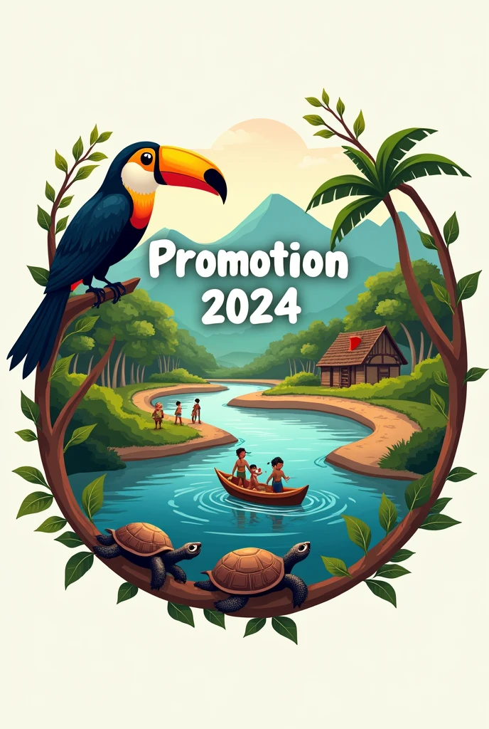 Create a graduation logo in a circle with branches, at the top it says 'Promotion' and at the bottom it says '2024'. In the background, there are small mountains, a river with currents, and some trees on one side of the river. On the other side of the river there is a dirt road with some wooden houses. There is a large toucan and in the river there are indigenous children wearing white school shirts passing by in a small wooden boat for school. At the bottom of the logo there are two turtles.