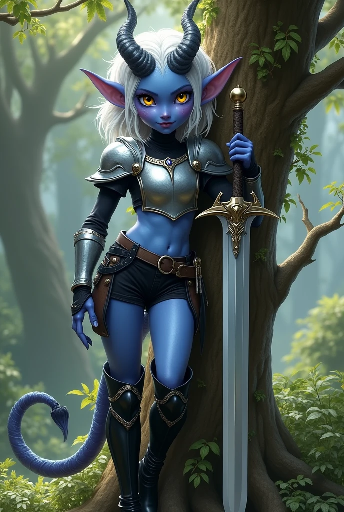 1 femboy, Tiefling, Blue skin, yellow eyes, black sclera eyes, pointy ears, short grey horns, short wavy white hair, Sharp teeth, lightly armored, silver armor, full chest plate, crop top, turtle neck, pauldrons, gauntlets, black cloths, black short shorts, demon tail, black thigh high boots, leaning against tree, looks 20 years old, femboy crotch bulge, flat chest, no boobs, adult, sfw, round face, fantasy, natural smile, holding legendary sword.