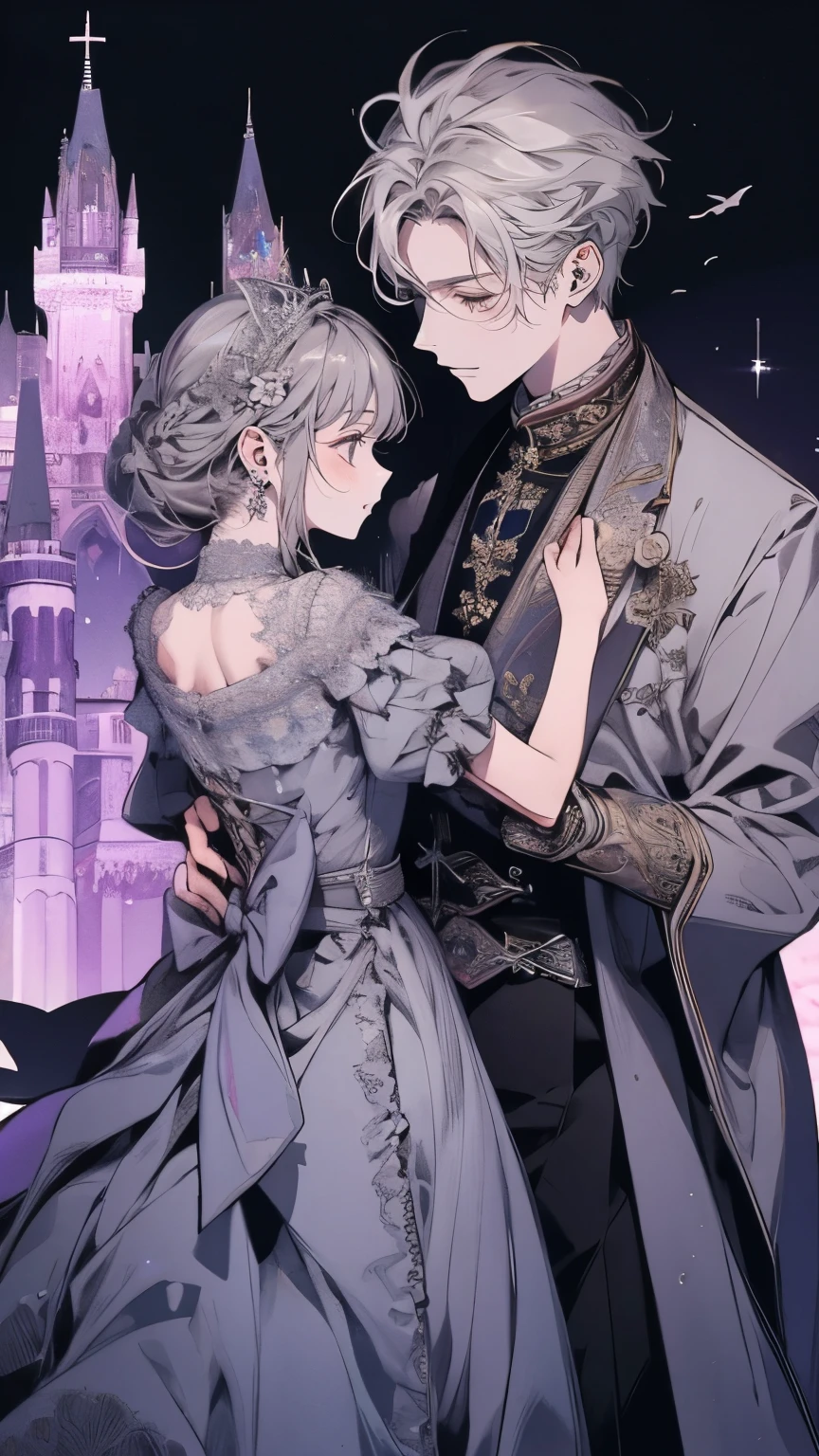 Princess、Prince、Grey long dress、Dance、Castle、smile