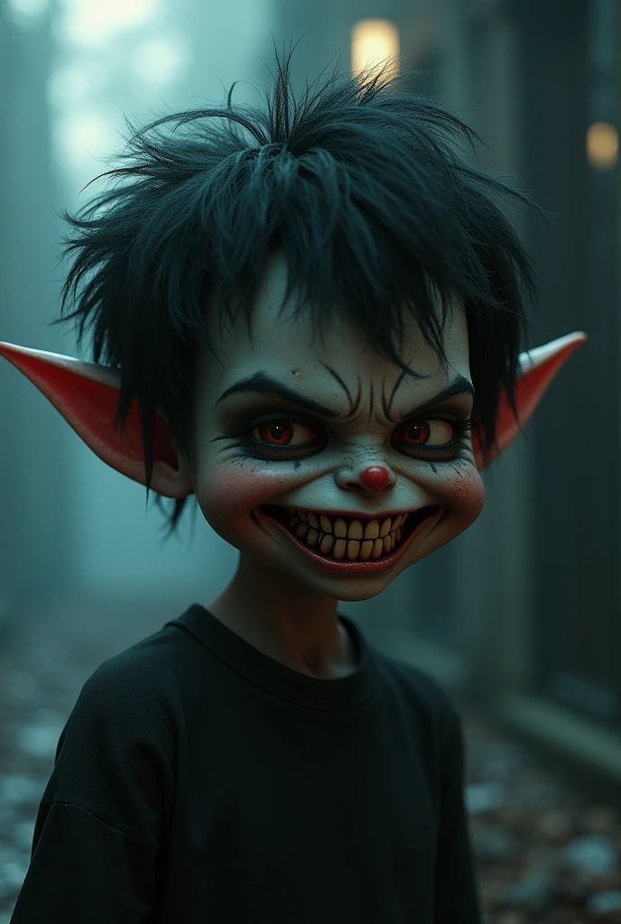 "Create a chilling image of a mischievous child with wild, unkempt hair and a sinister grin that stretches from ear to ear. The child’s face should be marked with eerie shadows and smudges, giving an unsettling, almost demonic appearance. In the background, faint outlines of a dark, ominous setting can be seen, adding to the eerie atmosphere. The overall mood should be one of malevolent glee, as if the child is up to something terrifying.", 3d render