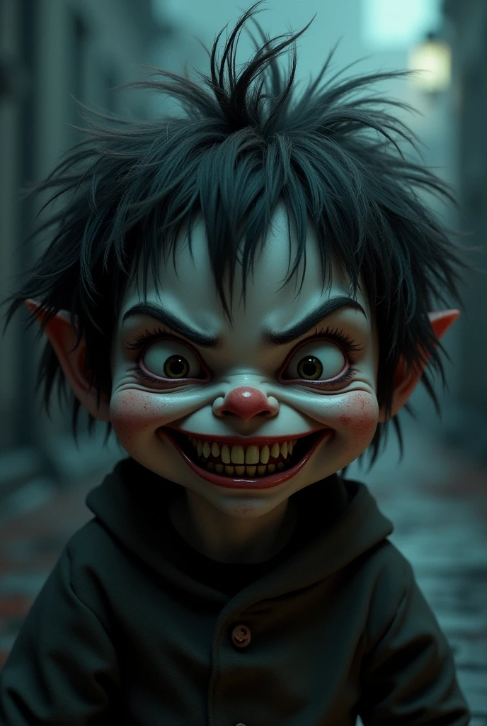 "Create a chilling image of a mischievous child with wild, unkempt hair and a sinister grin that stretches from ear to ear. The child’s face should be marked with eerie shadows and smudges, giving an unsettling, almost demonic appearance. In the background, faint outlines of a dark, ominous setting can be seen, adding to the eerie atmosphere. The overall mood should be one of malevolent glee, as if the child is up to something terrifying.", 3d render