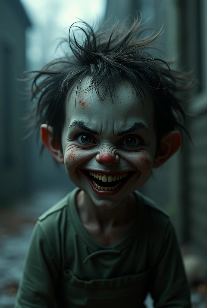 "Create a chilling image of a mischievous child with wild, unkempt hair and a sinister grin that stretches from ear to ear. The child’s face should be marked with eerie shadows and smudges, giving an unsettling, almost demonic appearance. In the background, faint outlines of a dark, ominous setting can be seen, adding to the eerie atmosphere. The overall mood should be one of malevolent glee, as if the child is up to something terrifying.", 3d render
