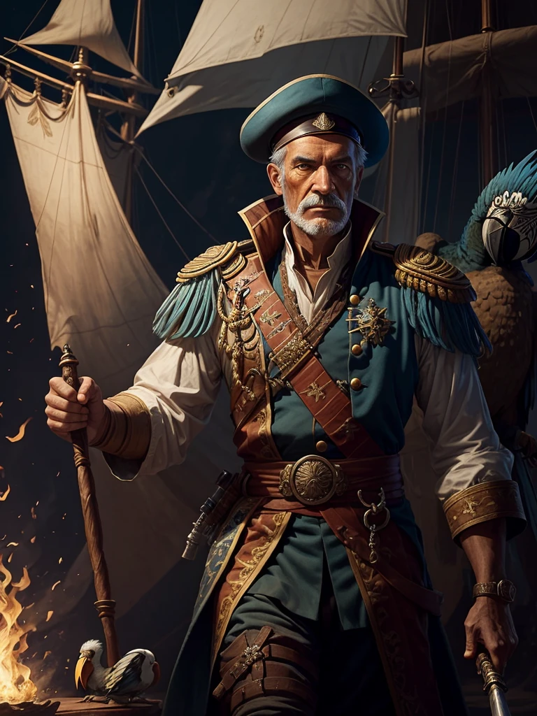 An admiral, with a ghost sword in his hand and a ship full of holes behind him. With a wooden leg and a macaw on his shoulder.
