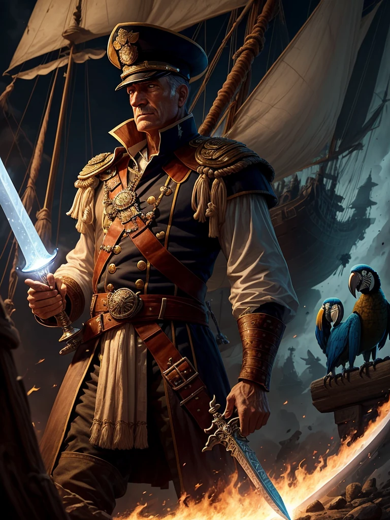 An admiral, with a ghost sword in his hand and a ship full of holes behind him. With a wooden leg and a macaw on his shoulder.