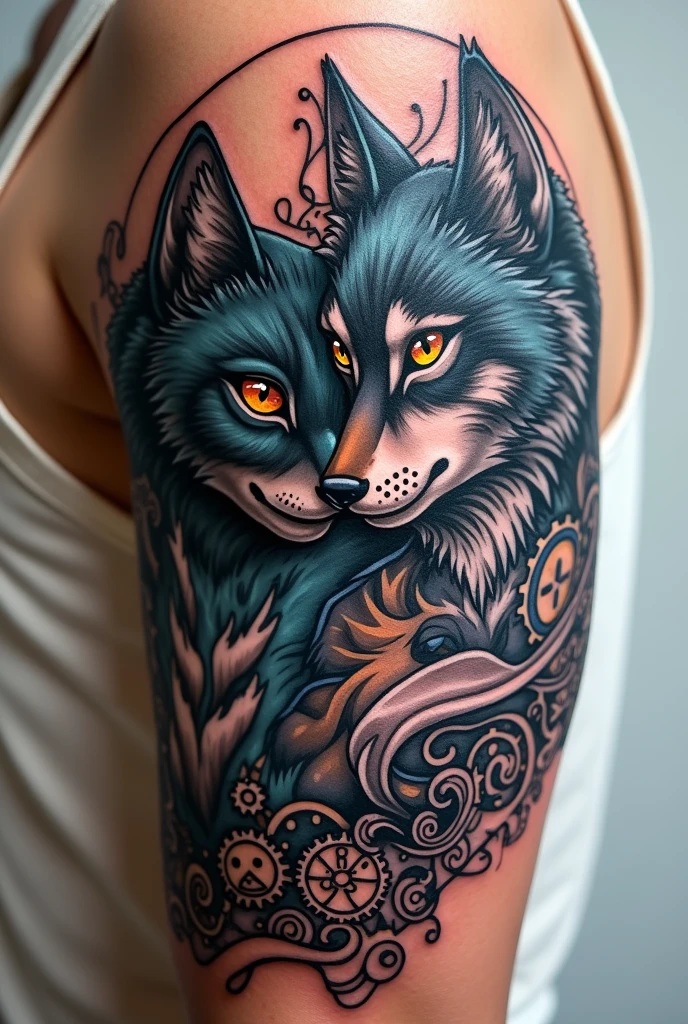 I would like a tattoo that uses a cat, a wolf, something related to technology, music, e ao anime one piece, this tattoo needs to be in a format that fits on an arm