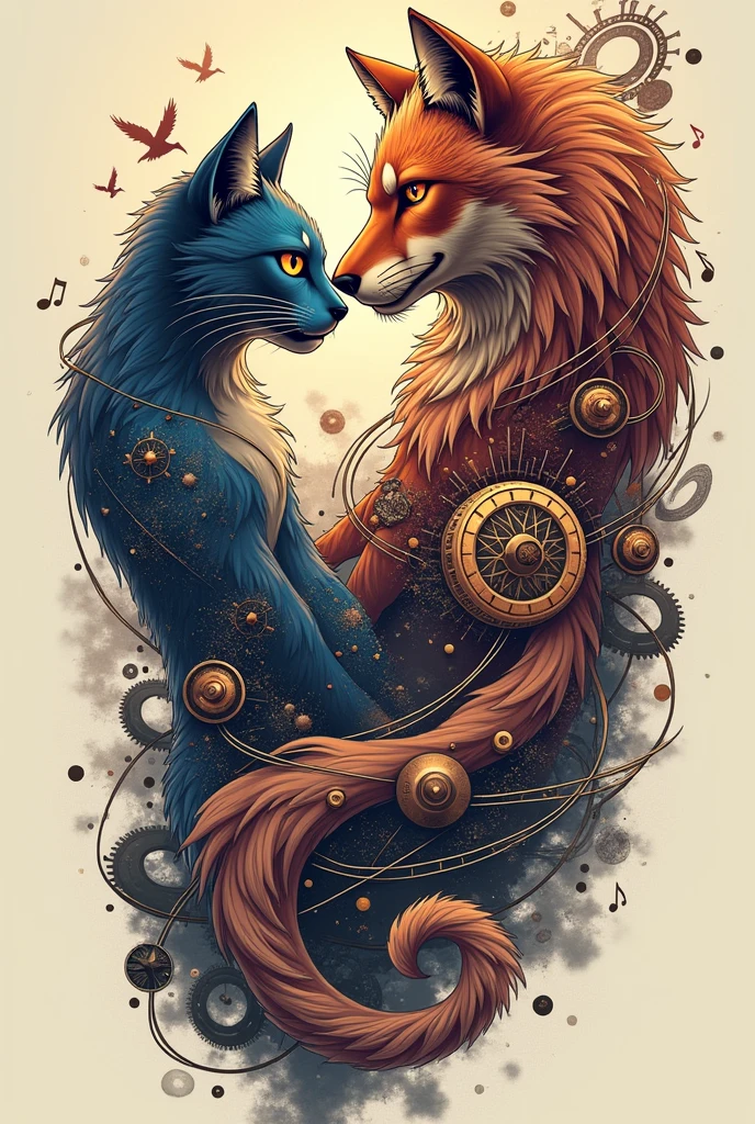 I would like a tattoo that uses a cat, a wolf, something related to technology, music, e ao anime one piece, this tattoo needs to be in a format that fits on an arm