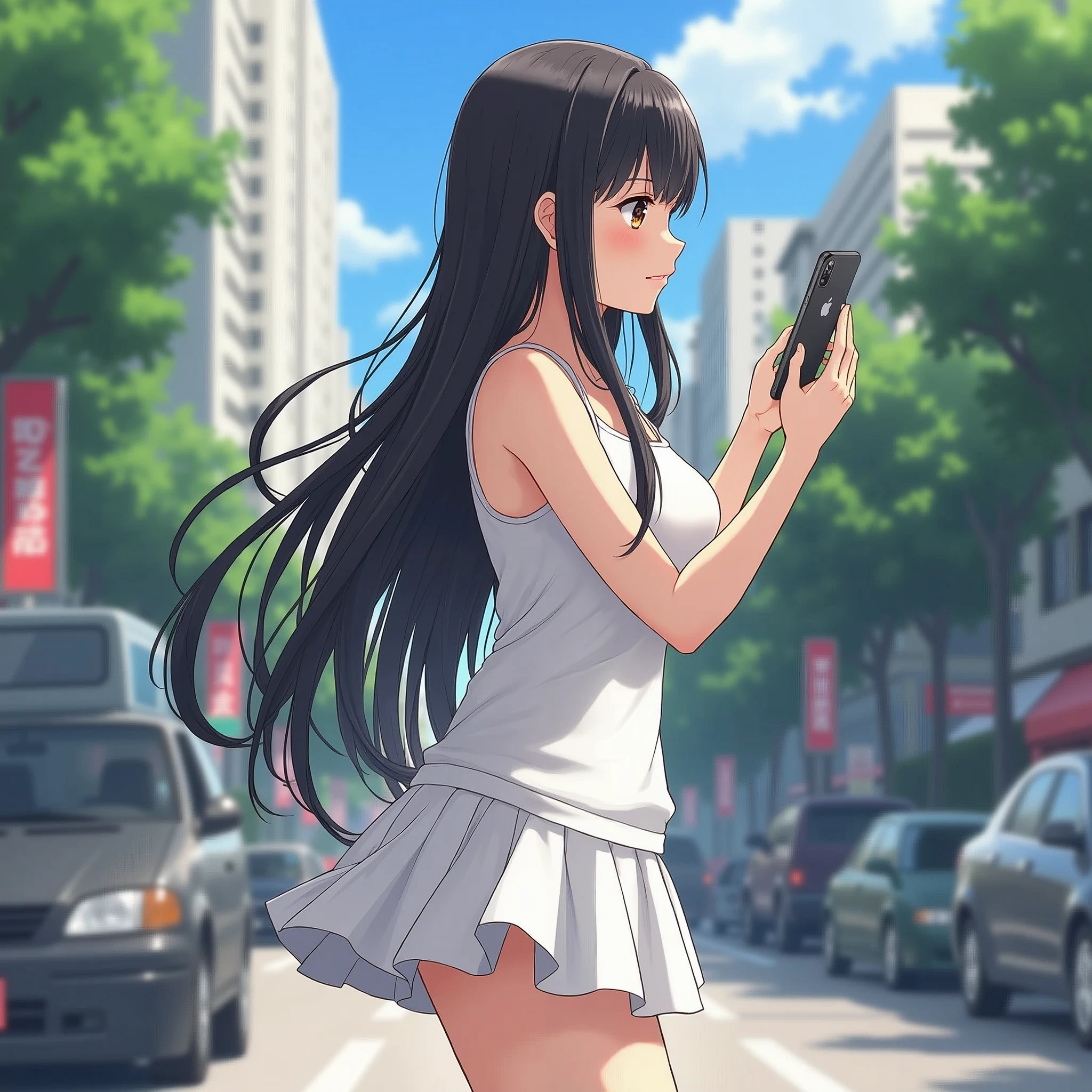 Highest quality, masterpiece, Ultra-high resolution, Super detailed, 1 person, Japanese schoolgirl, Black Hair, Long Hair, White tank top, mini skirt, Slender body, Large Breasts, A town like Shibuya in Japan, summer, sunny, Looking at the iPhone in his hand, Upper Body, Correct Size, Five Fingers,