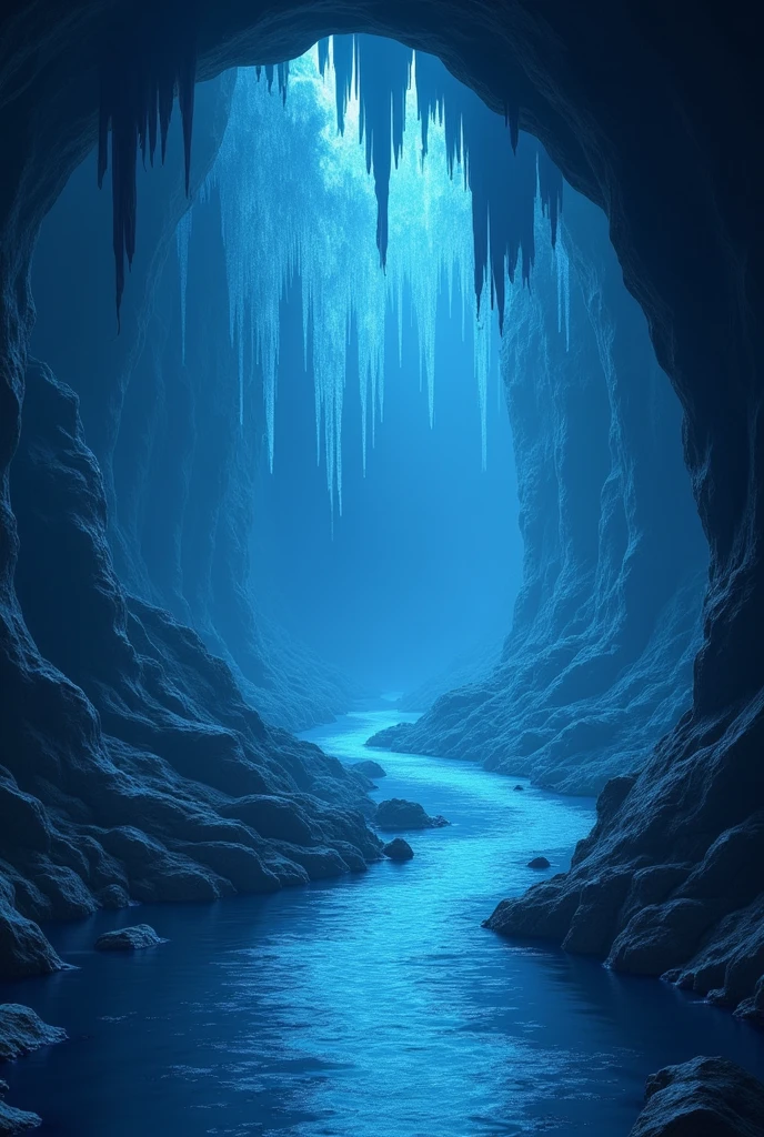 9. An underground river flowing through a cave, illuminée par une lueur bleutée et mystérieuse, Reflecting the crystals above.