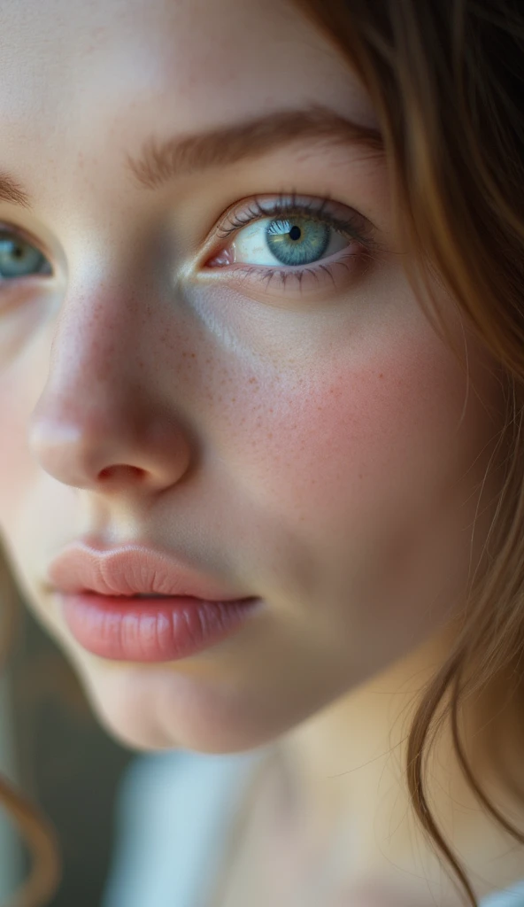 that of a beautiful woman with beautiful blue eyes and perfect white skin, smooth skin without marks, beautiful and perfect and very thick with full and perfect lips, appearing to have a delicate, physiognomy and innocent