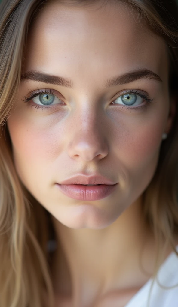 that of a beautiful woman with beautiful blue eyes and perfect white skin, smooth skin without marks, beautiful and perfect and very thick with full and perfect lips, appearing to have a delicate, physiognomy and innocent