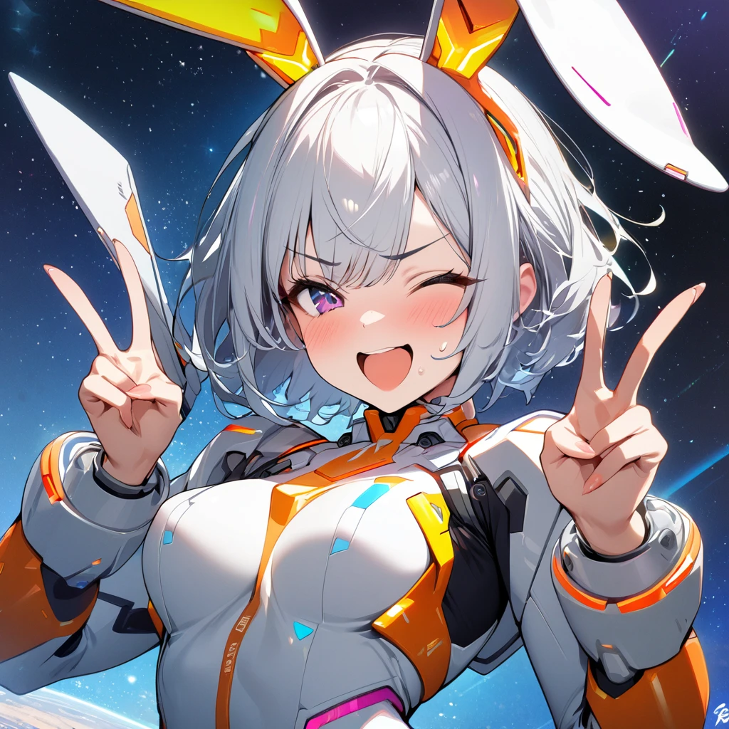 1girl, wink, short hair, dressed with flashy colors futuristic suit, robotic rabbit ears ,v pose ,space in background, detail richness, masterpiece, best quality, 