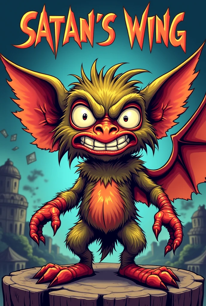 Create a mascot for the band Satan's Wing, comedy-like, aspect of nineties cartoons, more hilarious, Alcoholic, scornful and mocking, with one wing because the other took off, blown away like an Animaniac, with only one wing, Gremlin, fluffly, bizarro, marsupilame