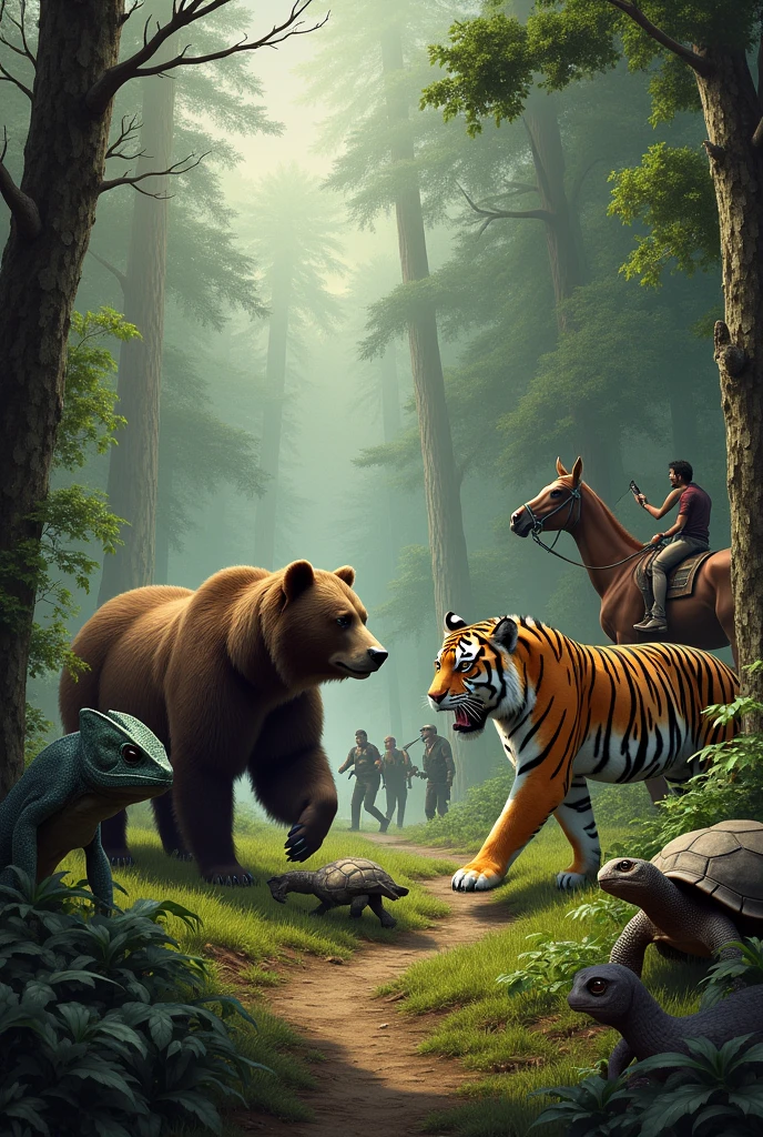 Create a drawing of wild animals like a bear, chameleon, They, SNAKE, tigre, horse and a turtle, all gathered in a forest where humans are cutting down trees