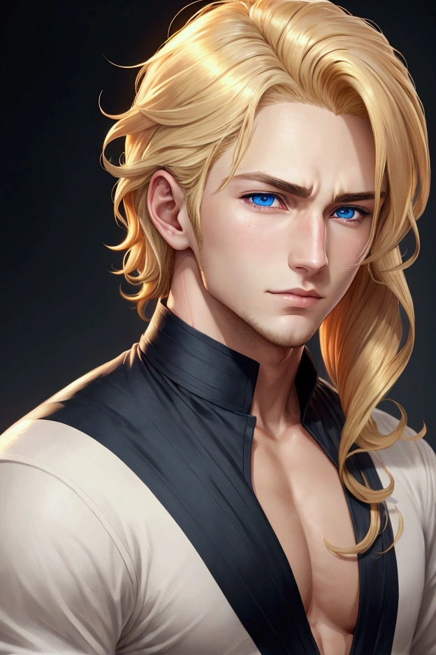 very realistic anime boy high definition a very handsome with golden hair with subtle waves blue eyes, he has a very jealous face