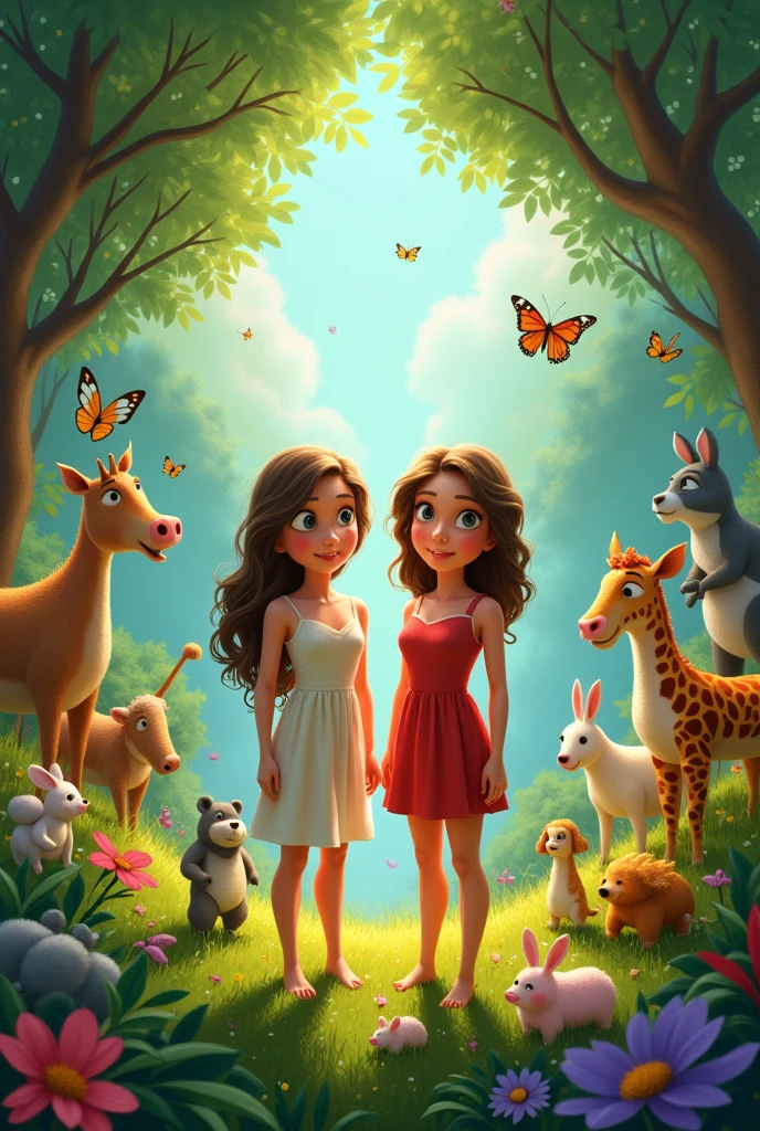 A Disney Pixar-esque image of Adam and Eve, facing the main front camera,surrounded by colorful animals and birds in the Garden of Eden 🦋🦖 🐇🐷🐮🐺🐻🐨🦓🐎🐑🦛🦒🦧🐅🐹🐼