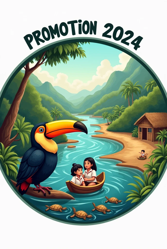 Create a graduation logo in a circle with branches, at the top it says 'Promotion' and at the bottom it says '2024'. In the background, there are small mountains, a river with currents, and some trees on one side of the river. On the other side of the river there is a dirt road with some wooden houses. There is a large toucan and in the river there are indigenous children wearing white school shirts passing by in a small wooden boat for school. At the bottom of the logo there are two turtles.