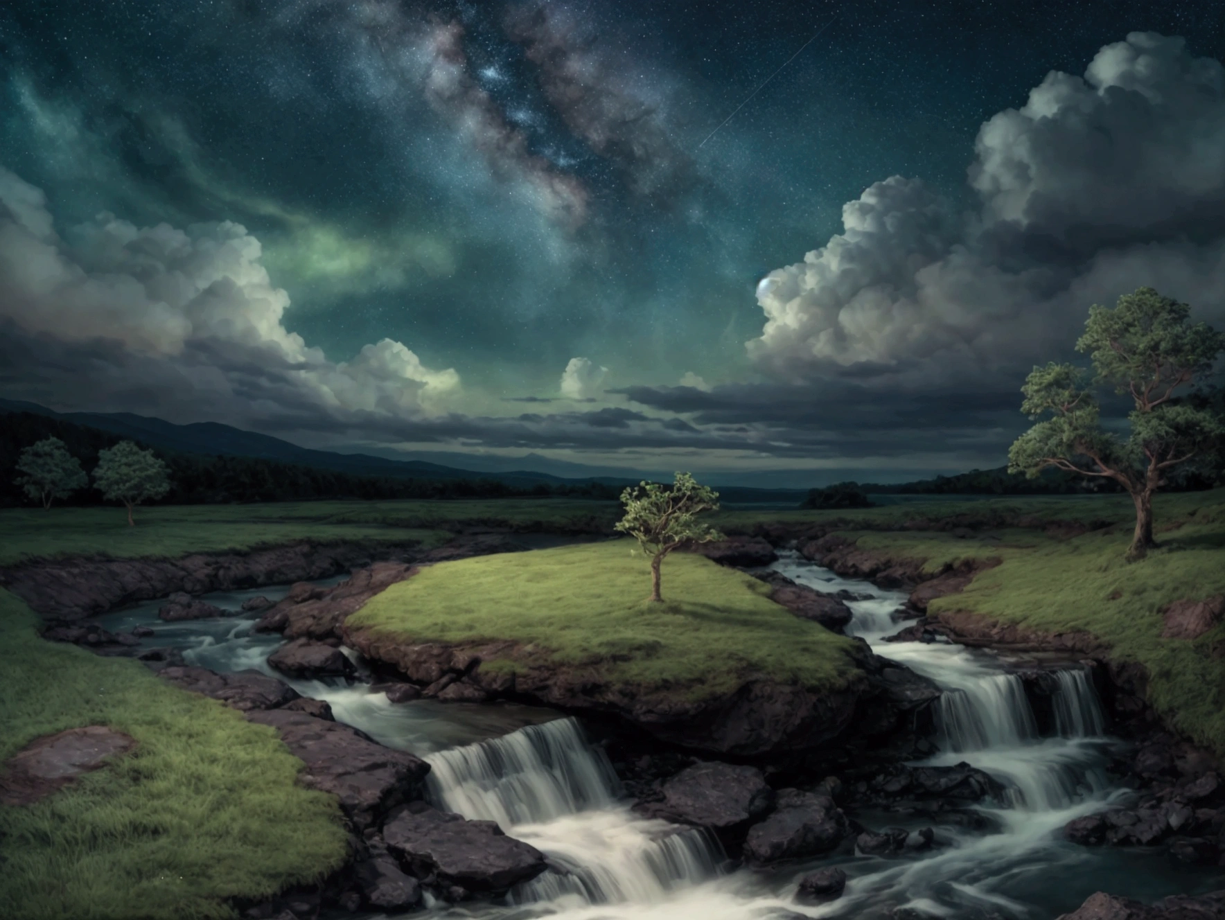 a magical night sky, a beautiful green stream, detailed clouds, soft lighting, clean background, masterpiece, 8k, photorealistic, cinematic, vivid colors, dramatic lighting, stunning scenery, serene atmosphere, ethereal, fantasy, mystical