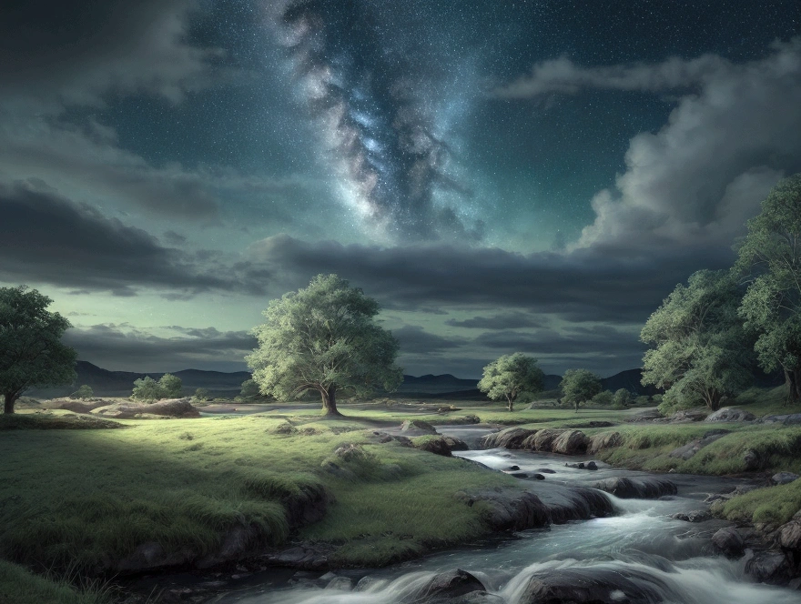 a magical night sky, a beautiful green stream, detailed clouds, soft lighting, clean background, masterpiece, 8k, photorealistic, cinematic, vivid colors, dramatic lighting, stunning scenery, serene atmosphere, ethereal, fantasy, mystical