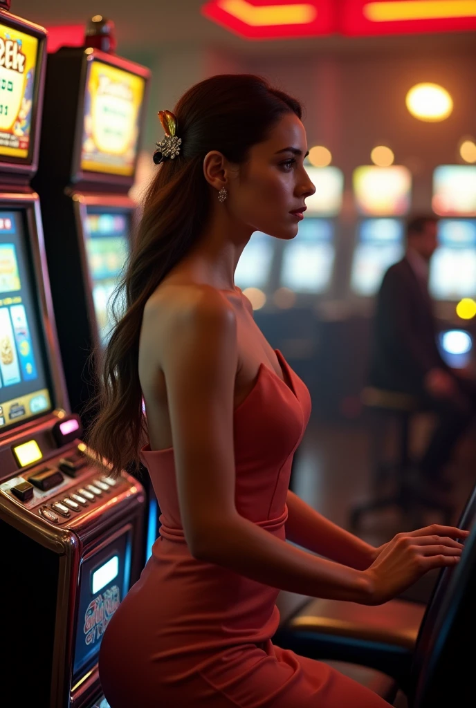 A woman playing slots at a casino