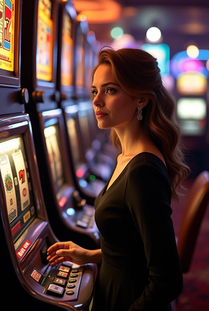 A woman playing slots at a casino
