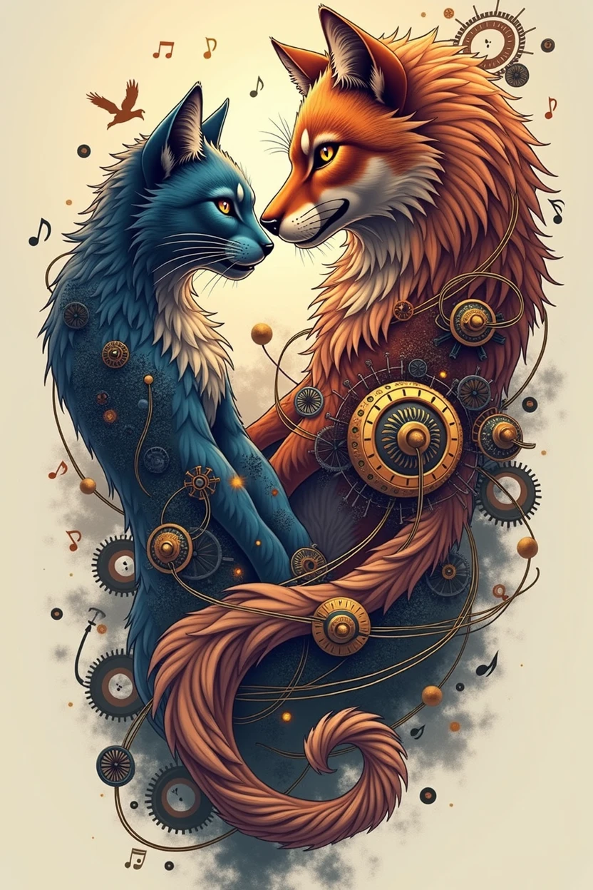 I would like a tattoo that uses a cat, a wolf, something related to technology, music, e ao anime one piece, this tattoo needs to be in a format that fits on an arm