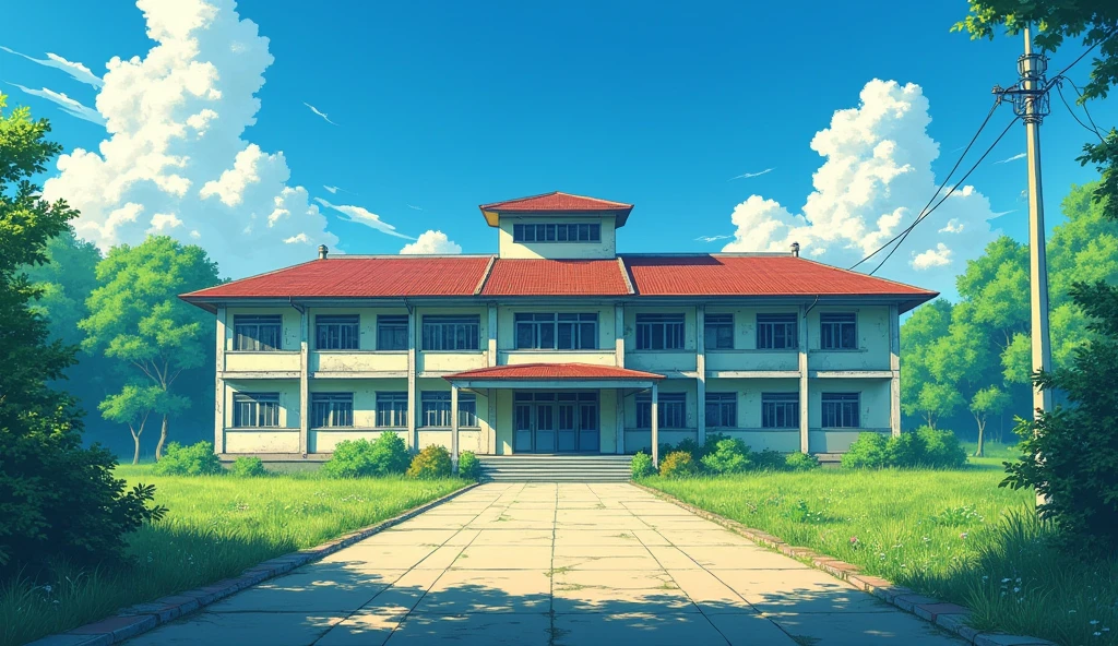 abandoned sad Japanese school sunny day anime style outside of the school view, no people satured color
