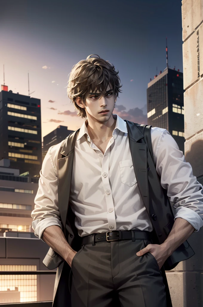 ((ultra detailed, masterpiece, best quality)) RE3Carlos, 1boy, solo, brown eyes, orange eyes, (wearing: shirt open, a white shirt underneath), brown hair On a high-rise rooftop, sharp black trench coat, city lights below, hands in pockets with a mysterious gaze into the distance