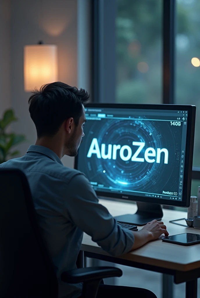 Create a 4D and 4K-like image where a real person is with a computer and the name AuroZen appears in large letters on the screen. Make it look more normalized and realistic. 