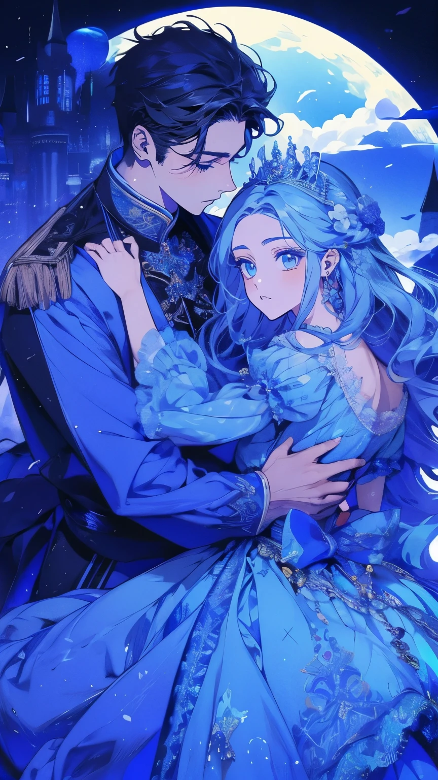 Princess、Prince、Long dress with a blue gradient、Dance、Castle、smile