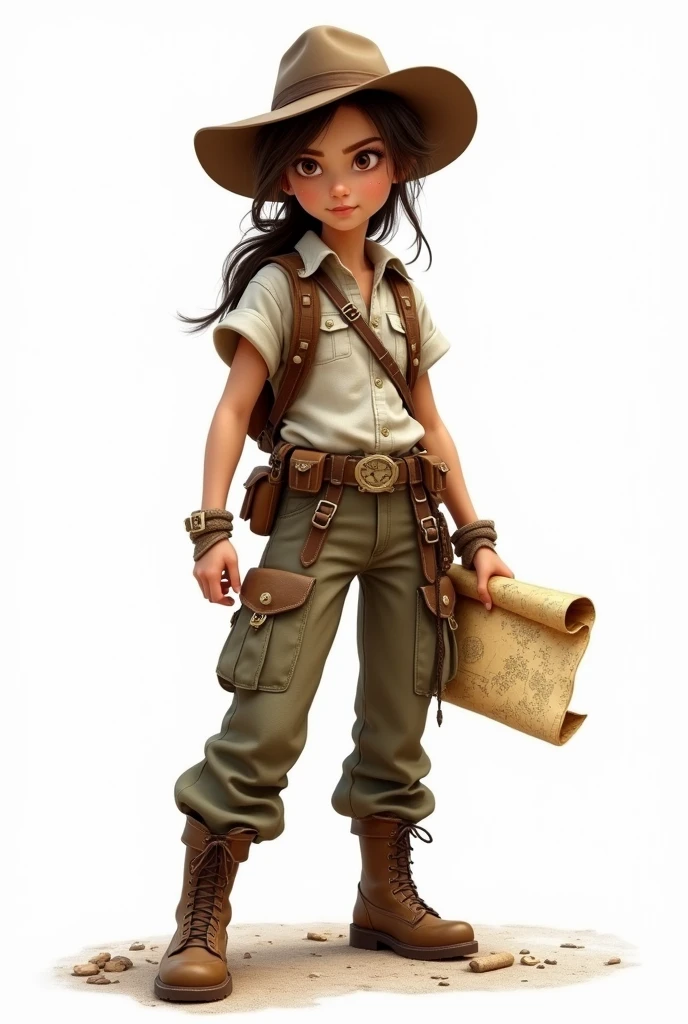 Create an archaeologist wearing treasure hunting clothes on a white background. Make her younger now and add a map.