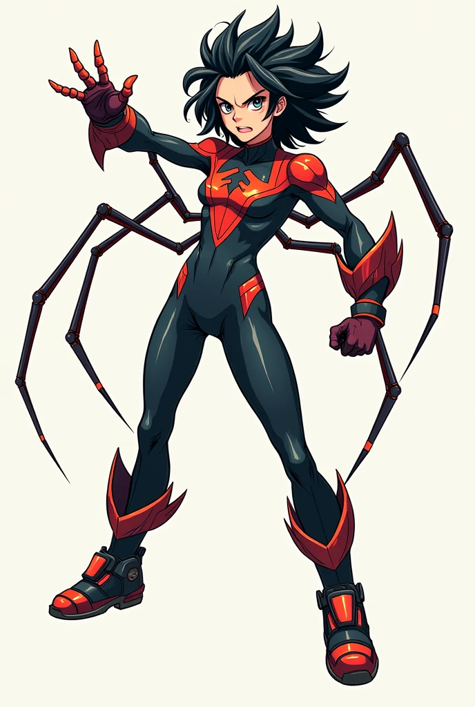 Generate a reference sheet of a girl with a powerful spider type quirk in my hero academia, flat colors, simple colors