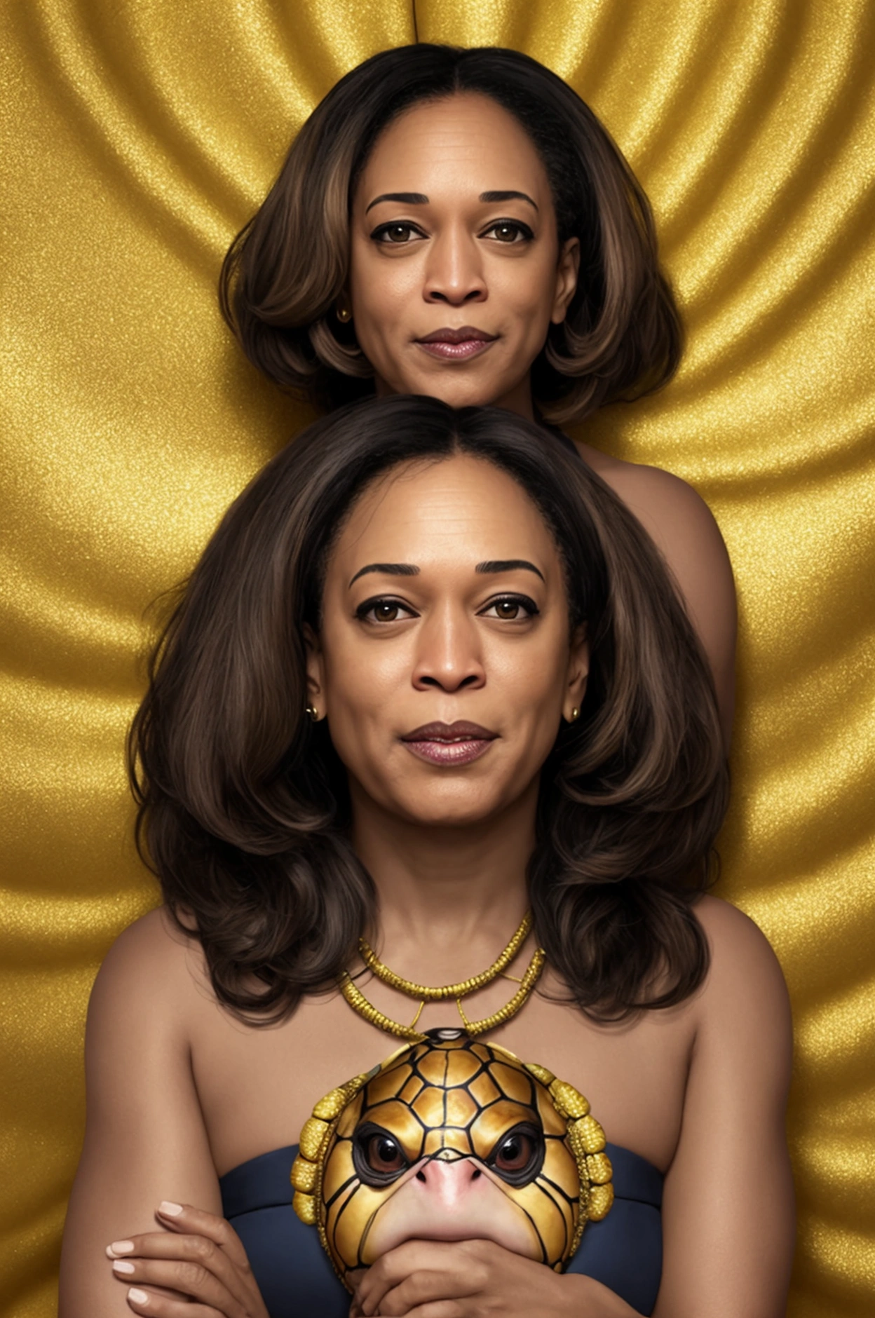 A mutant turtle with the face of Kamala Harris, in a golden shell,