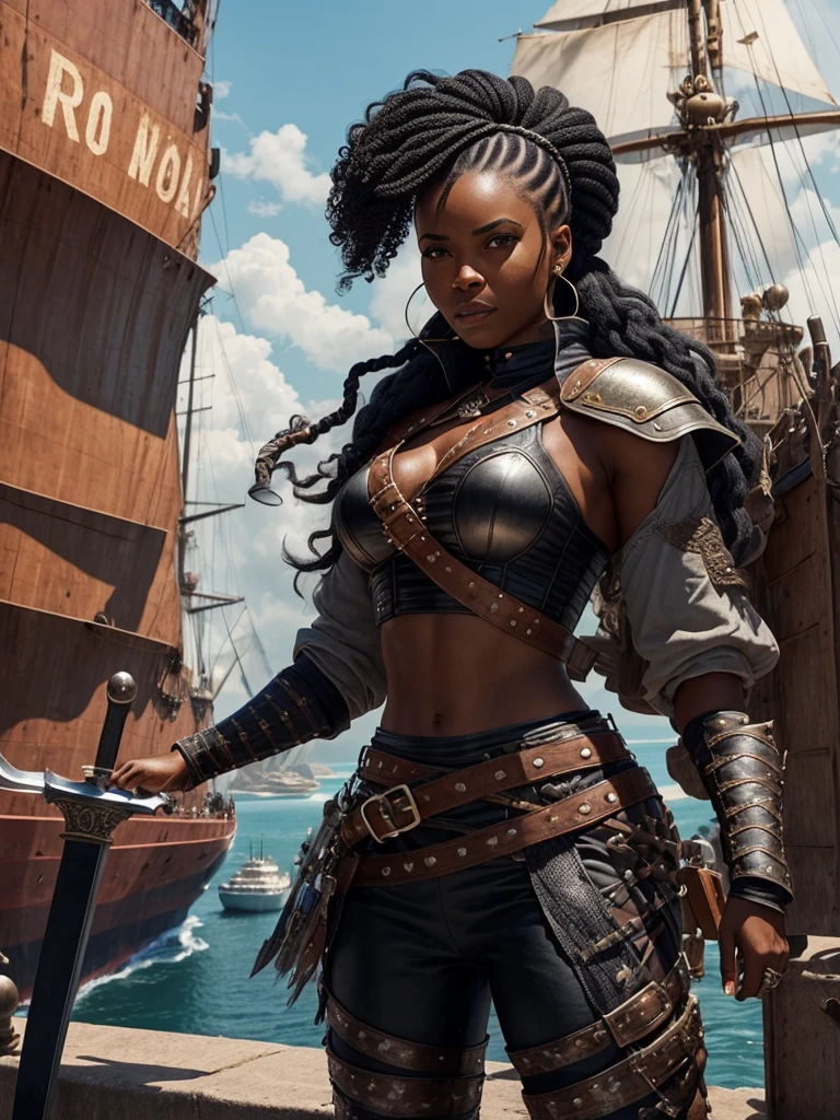 A black woman with snake hair in a port in front of a ship, Wearing armor of beaten leather, a shirt underneath, leather pants and a boot, showing her dominance as captain of the ship and with an outgoing personality, with two swords in their scabbard and an old pistol.