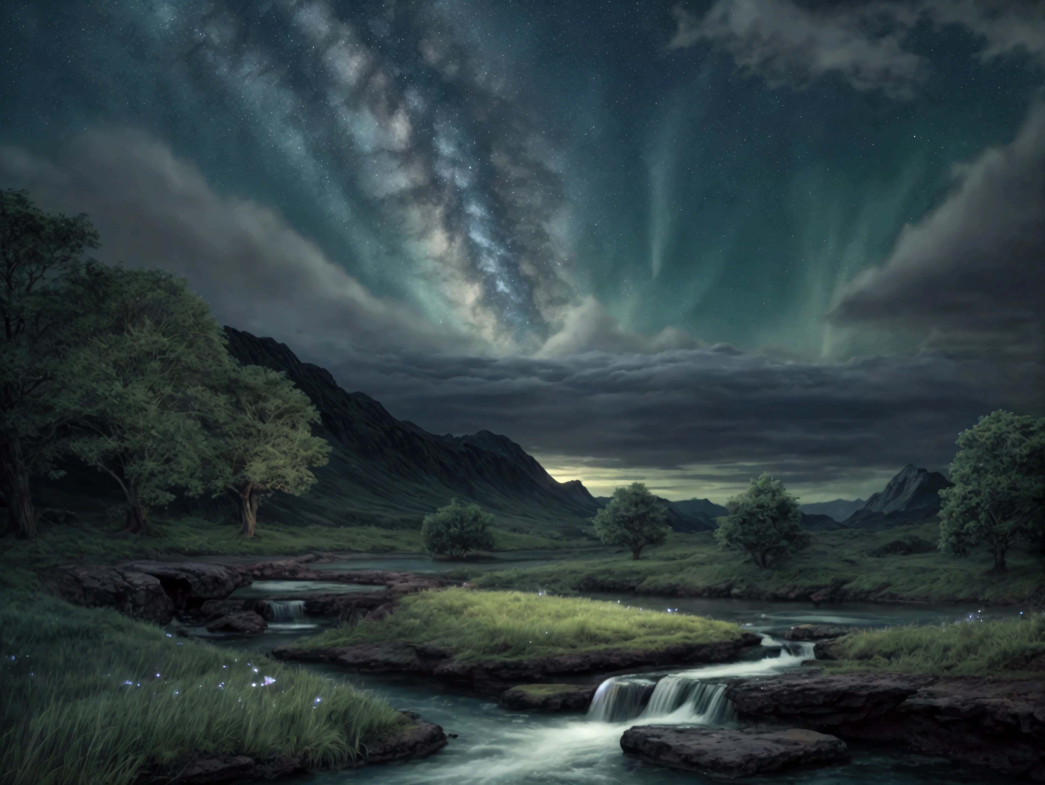 a magical night sky, a beautiful green stream, detailed clouds, soft lighting, clean background, masterpiece, 8k, photorealistic, cinematic, vivid colors, dramatic lighting, stunning scenery, serene atmosphere, ethereal, fantasy, mystical
