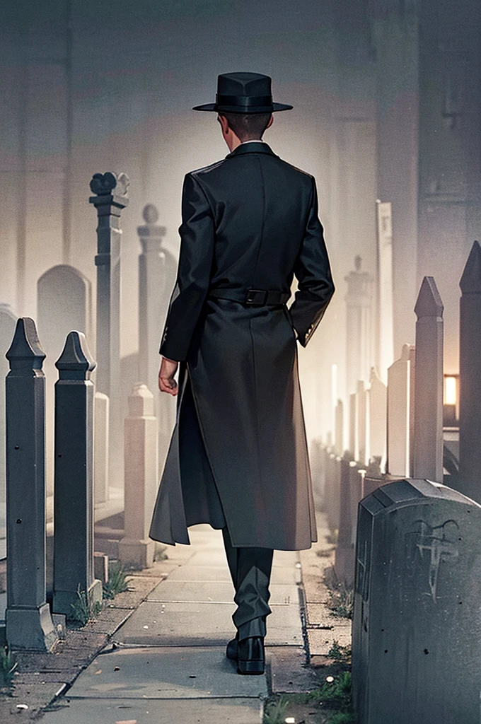 A man in a long black trench coat and hooded standing in front of a cemetery at night