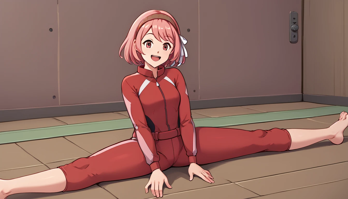 camp site, defLapis, pink short hair, hair ribbon, two-tone hairband, red tracksuit, 1girl, solo, Sitting, On the floor, Split Horizon, stretch, horizontal splits, stretch regs, hands on floor, smile, open mouth