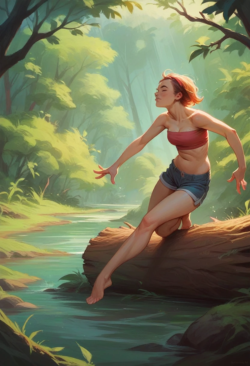 Photo-realistic view of two tween girls wearing shorts and tube tops balancing on a log in the Forest 