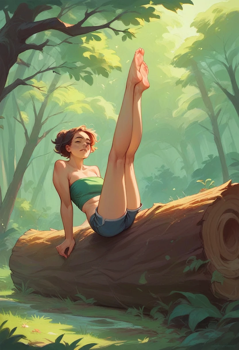 Photo-realistic view of two ten girls wearing shorts and tube tops balancing on a log in the Forest 