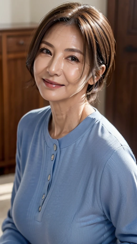 (masterpiece:1.4),(60-year-old woman:1.5),(facial wrinkles :1.2), pores, dull skin, skin blemishes, realistic detailed skin, sly-smile, mid-length Hair,