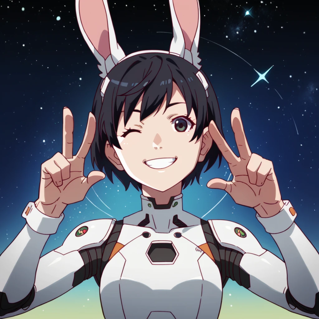 1girl, wink, short hair, dressed with flashy colors futuristic suit, robotic rabbit ears ,v pose ,space in background, detail richness, masterpiece, best quality, 