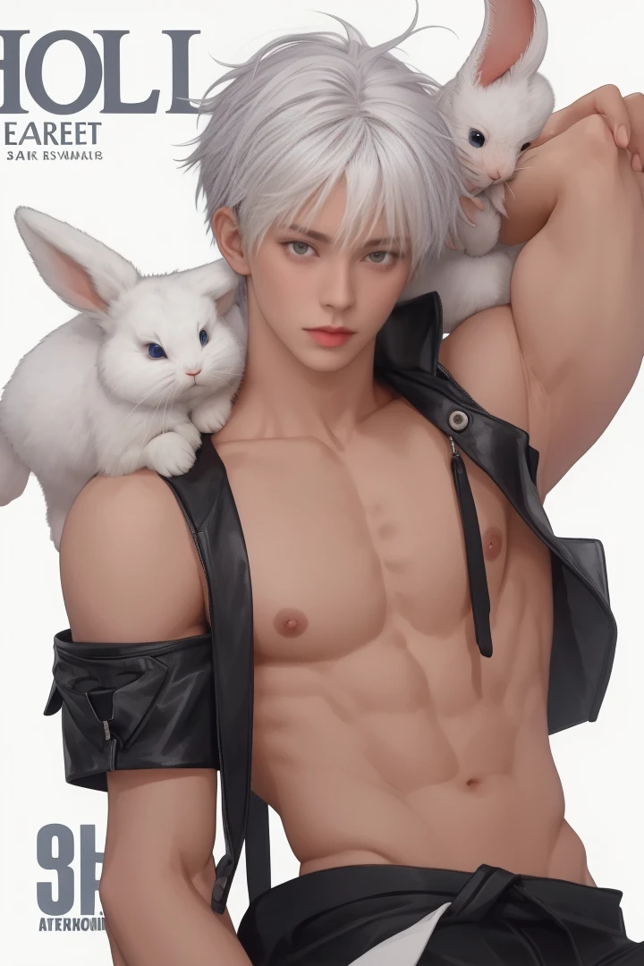 1 male, handsome Japanese male model, high resolution 4k, adult, perfect face, detailed eyes and face, muscular, white eyebrow hair, white eyelashes, Naked torso, Detailed face, perfect face, real skin texture, detail Perfect hand, details, Real and complete hand details, unreal engine, hd picture, satoru gojo, Jujutsu kaisen, white hair, short hair ,hair between eyes ,blue eyes, white skin, Rabbit ears, Jacket, Rabbit Tail