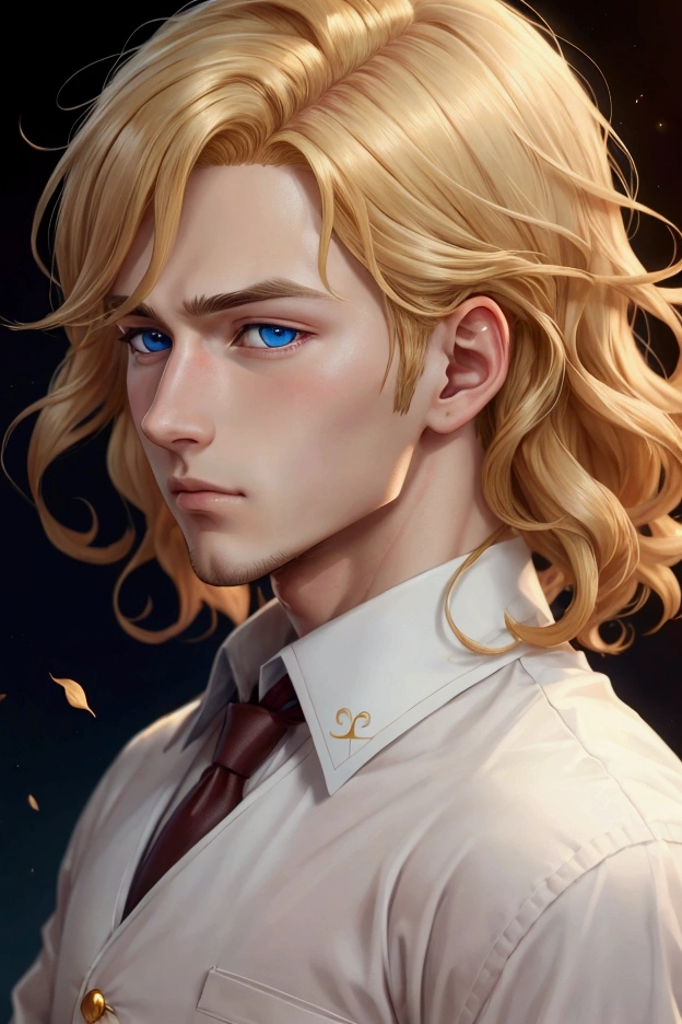 very realistic anime boy high definition a very handsome with golden hair with subtle waves blue eyes, he is very focused