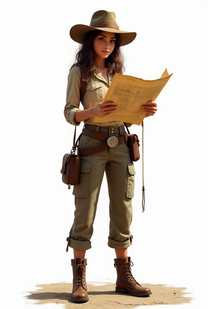 Create an archaeologist wearing treasure-hunting attire against a white background. Make her younger now. Have her looking at a map.