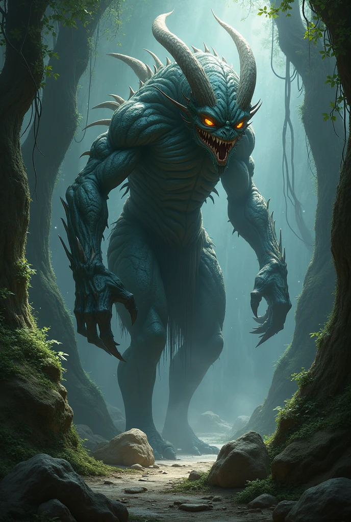 10. Une créature étrange, mi-humaine mi-animale, émergent des ténèbres, avec une apparence à la fois captivante et terrifiante.