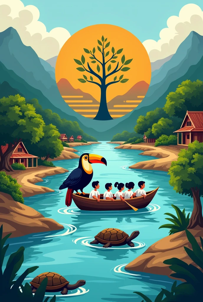 A graduation logo in a circle with branches that says 'promotion' at the top. In the background, there are small mountains, a river with currents, some trees on one bank, and a dirt road on the other with some wooden houses. There is a large toucan and indigenous children in white school shirts passing in a small wooden boat on the river. At the bottom of the logo, there are two turtles.